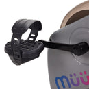 Black bike pedal attached to a gray bicycle with