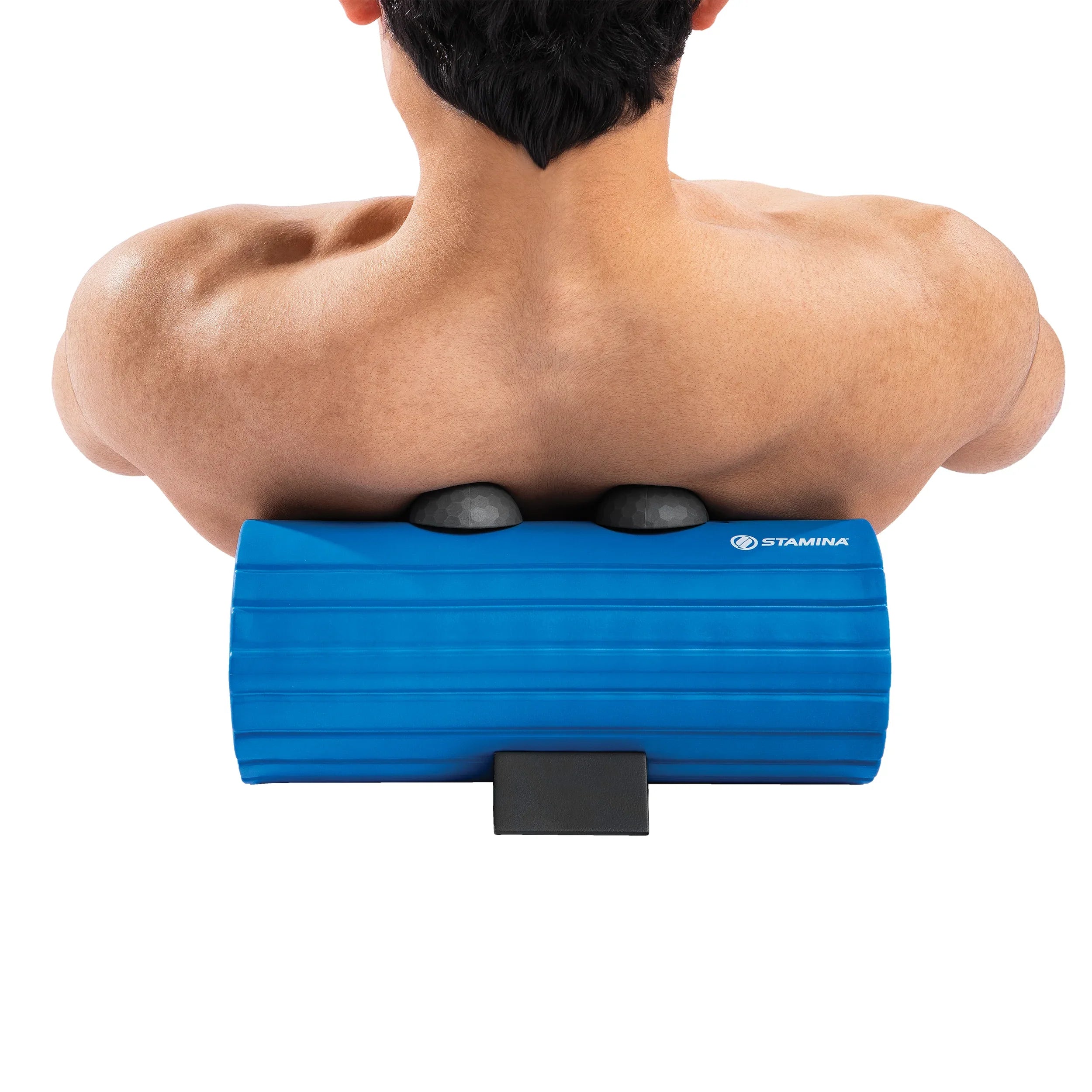 Person using a blue foam roller on their back with a white background