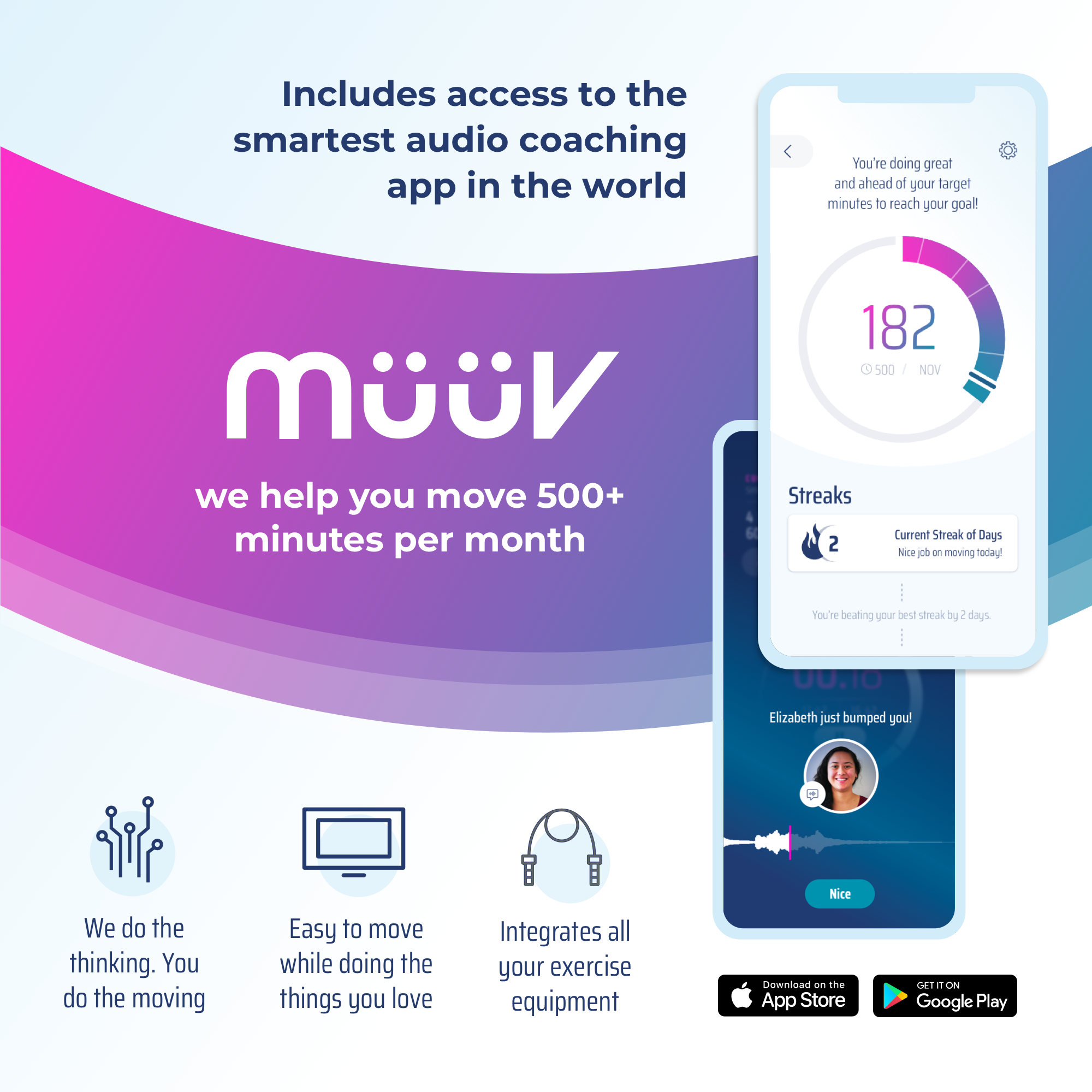 Advertisement for the muuv app with a smartphone screen displaying app features and text about audio coaching.