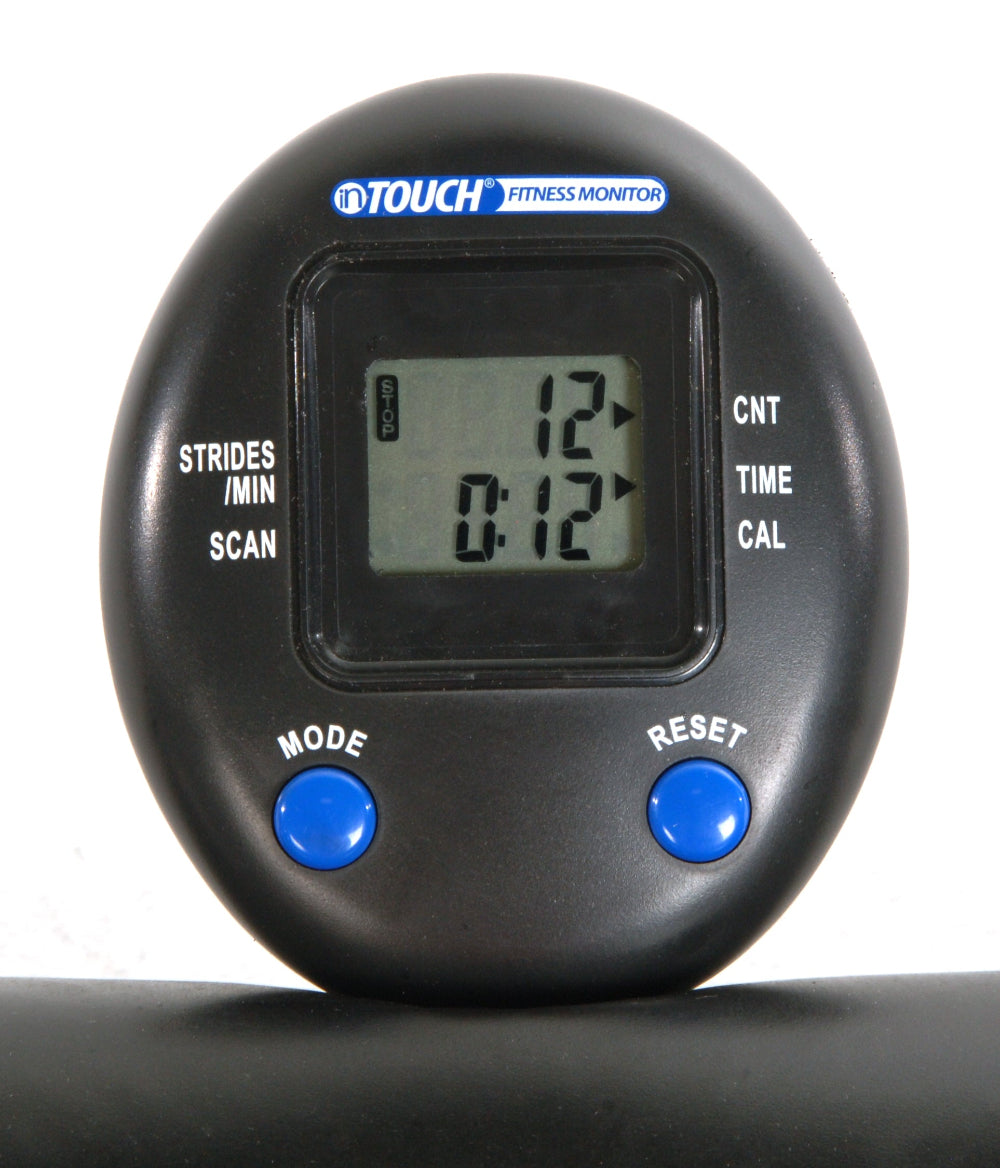 Black fitness monitor with digital display and blue buttons on a white background