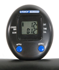 Black fitness monitor with digital display and blue buttons on a white background