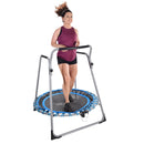 Woman exercising on a rebounder with a white background