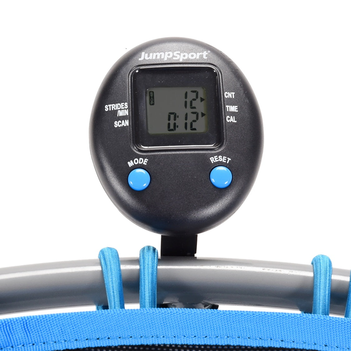 Digital counter on a blue and silver trampoline with 'JumpSport' branding.