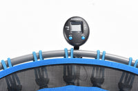 Digital display on a trampoline with blue safety netting