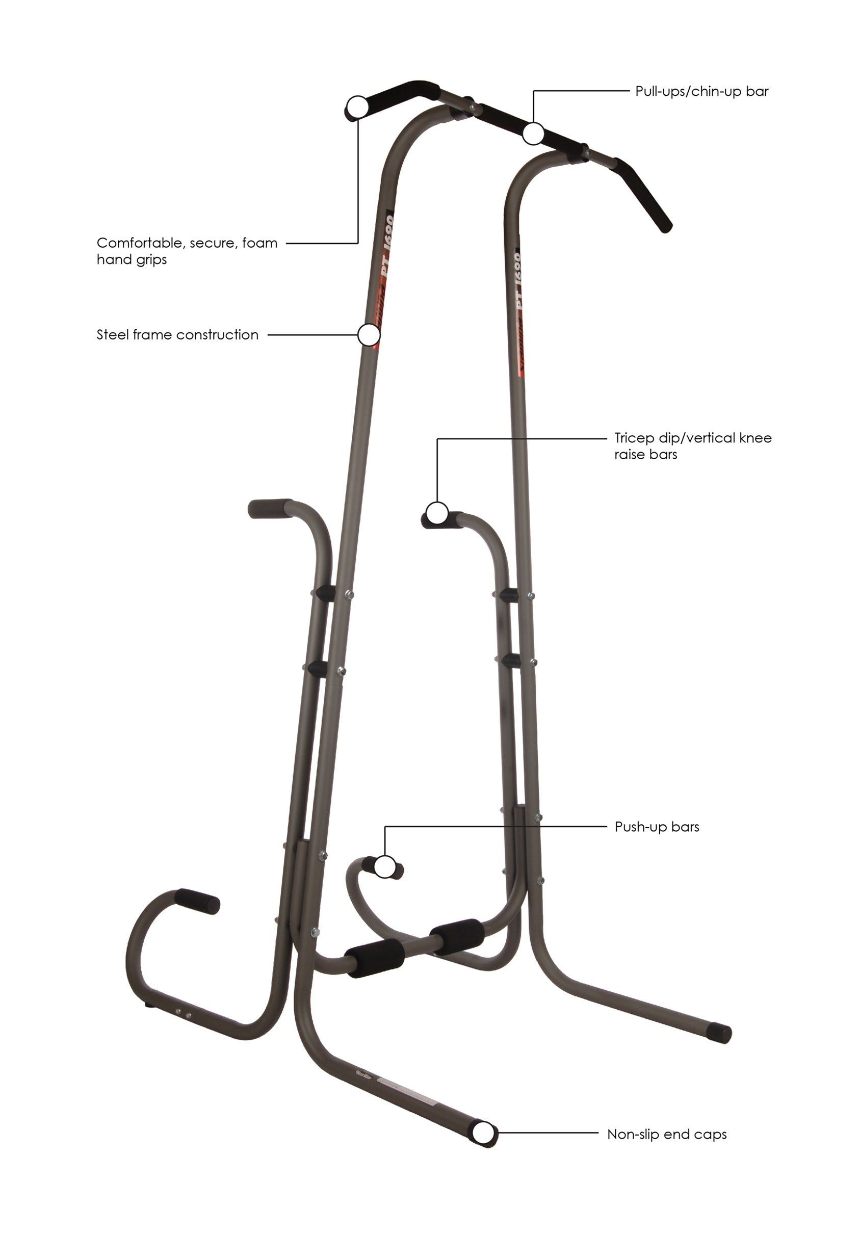 Fitness equipment with labeled parts on a white background