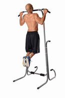 Man using a pull-up bar on a white background