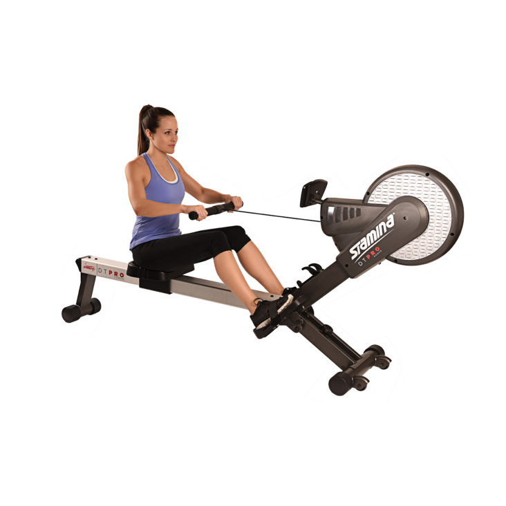 Woman workout Stamina DT Pro Rower Fitness home exercise equipment