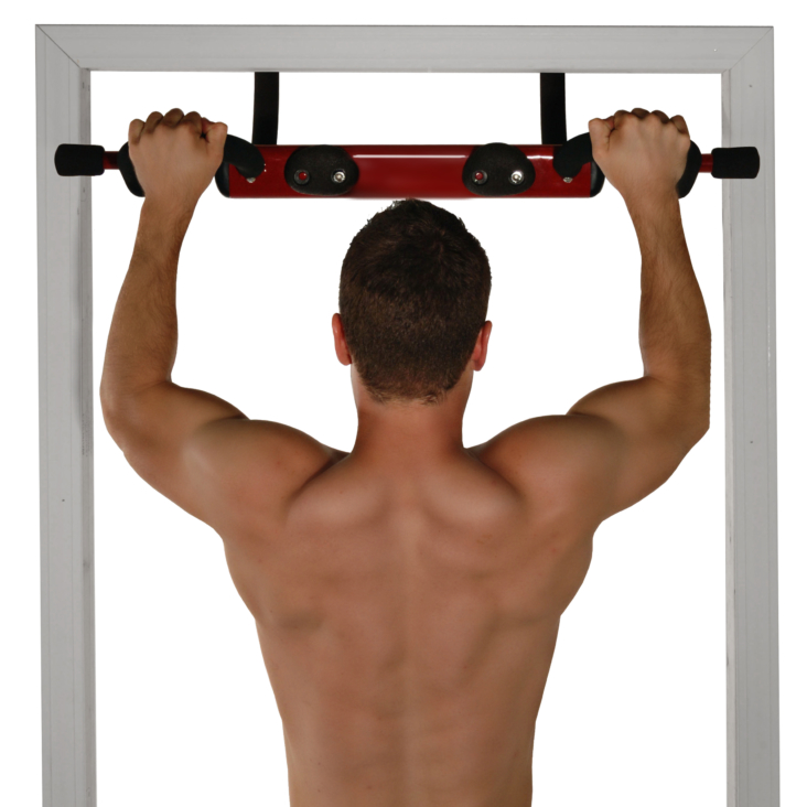 Man pull-up with Boulder Fit Door Gym with Rock Climbing Hand Holds back view.