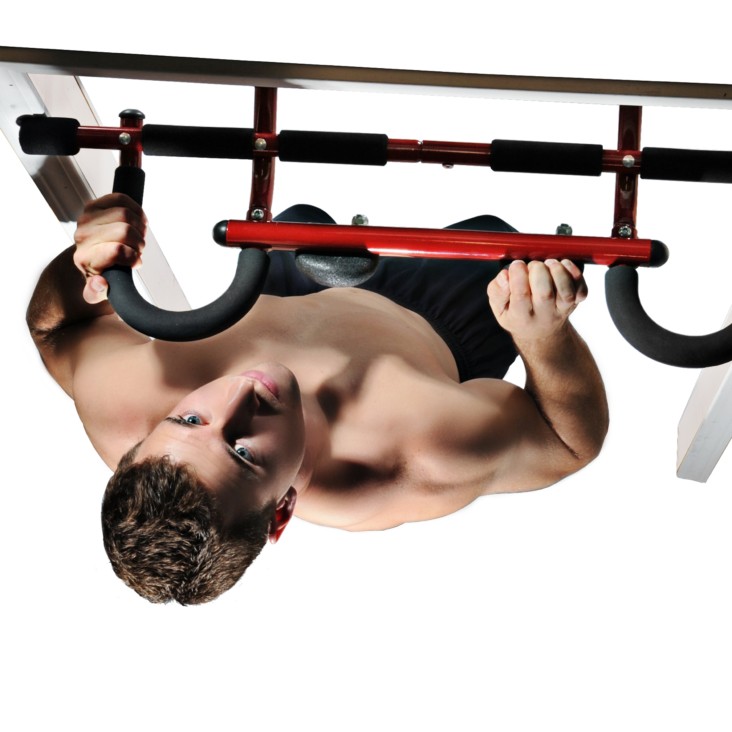 Man pull-up with Boulder Fit Door Gym with Rock Climbing Hand Holds.