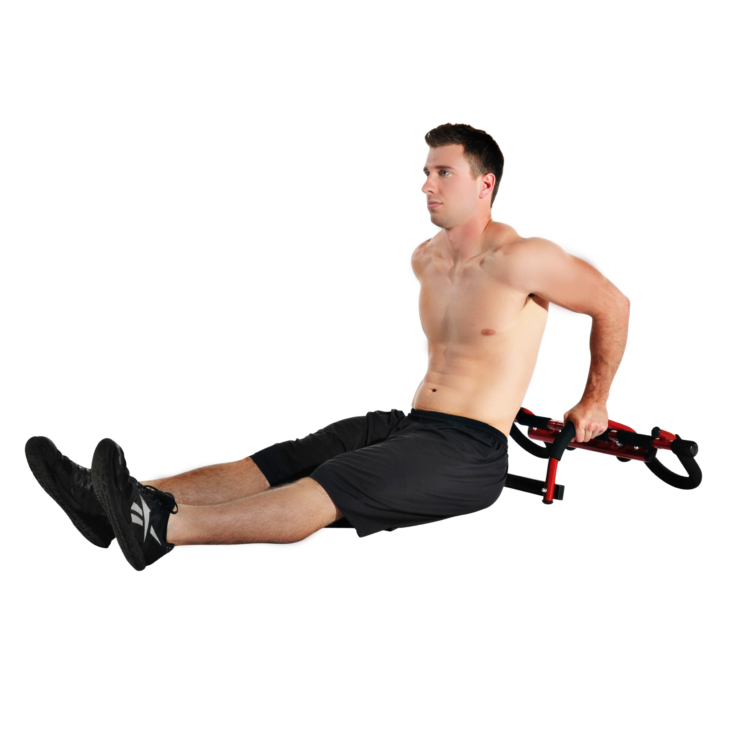 Man performing tricep dip with Boulder Fit Door Gym with Rock Climbing Hand Holds.