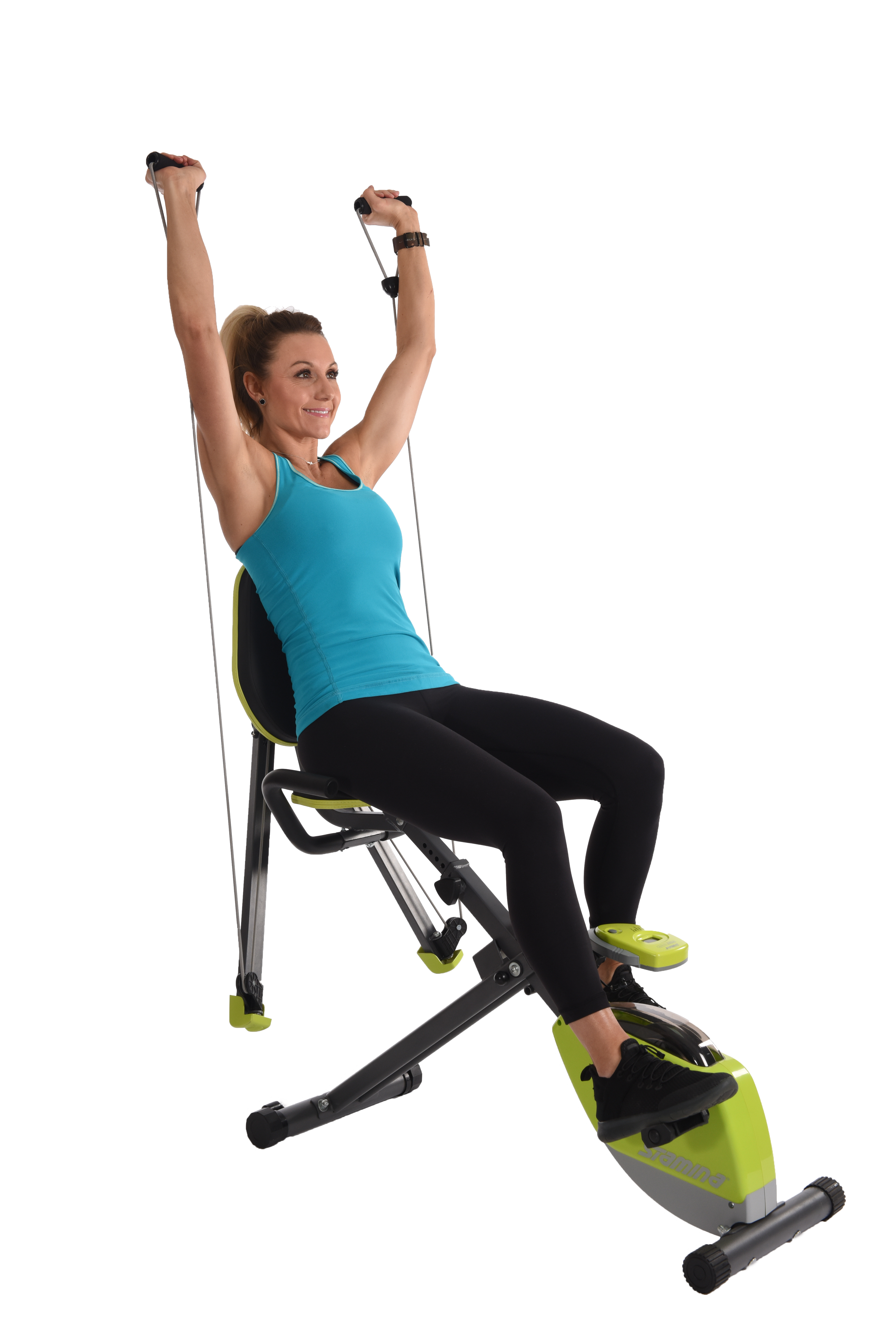 Performing incline press on Stamina Wonder Exercise Bike With Strength System.