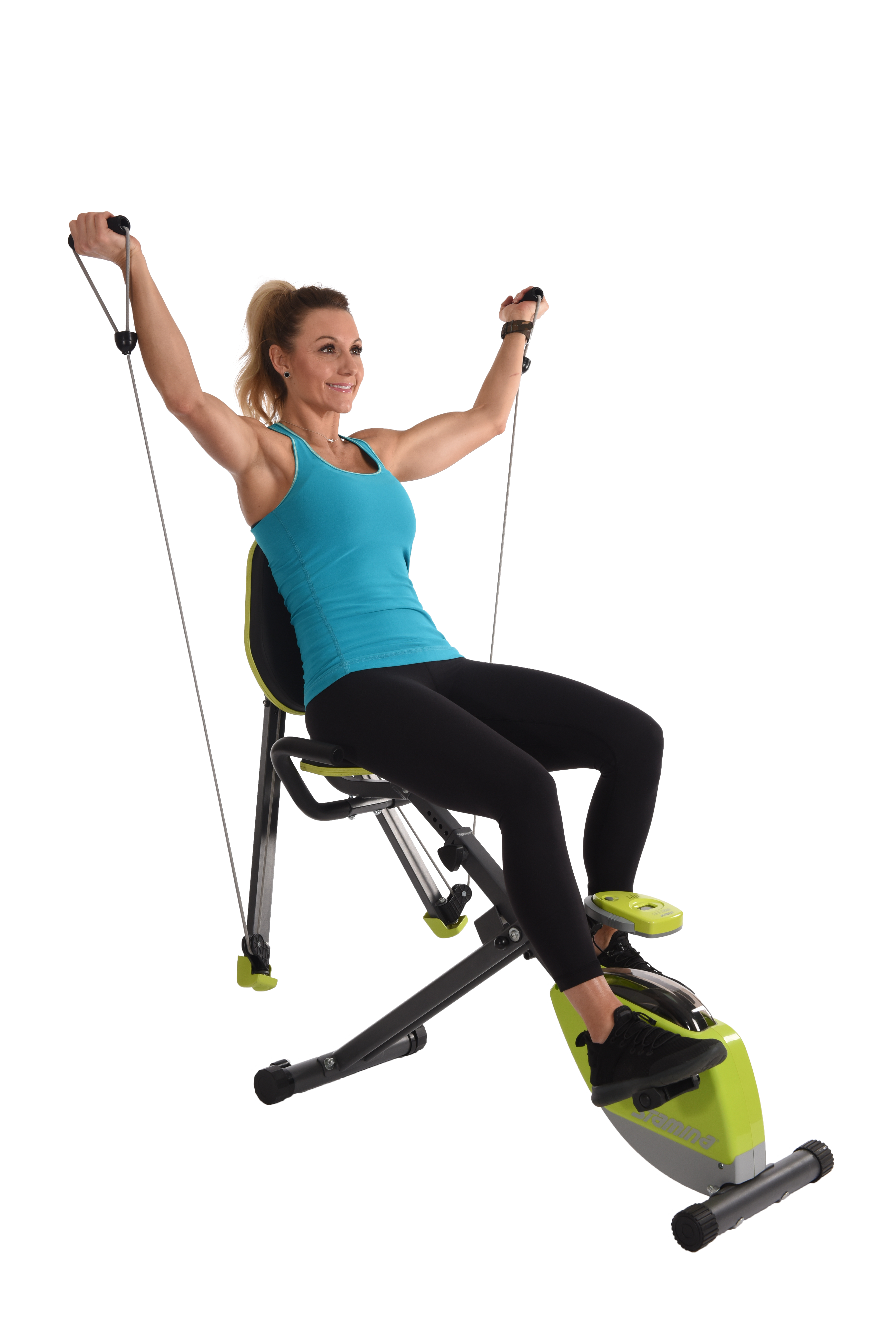 Performing incline flies on Stamina Wonder Exercise Bike With Strength System.