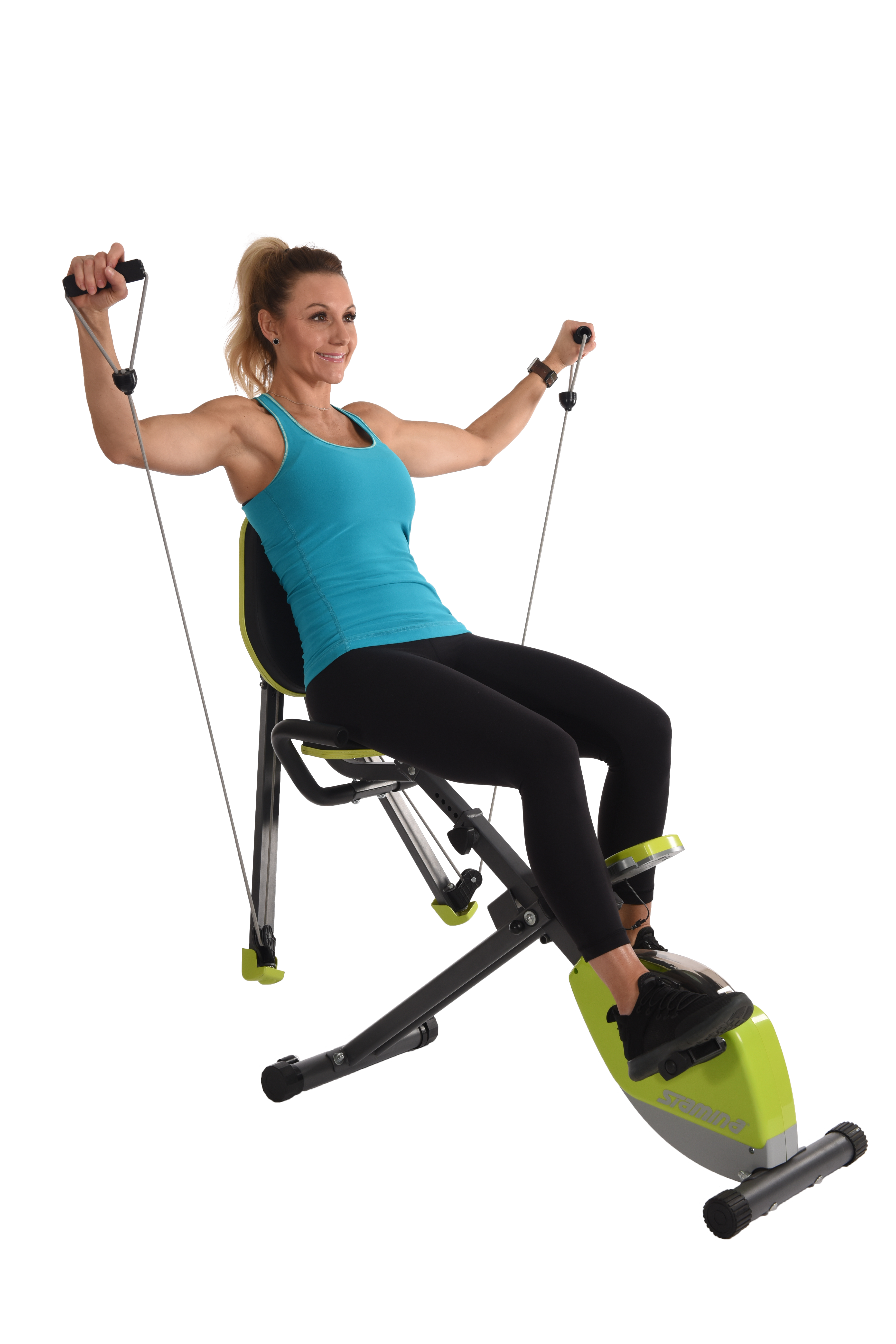 Performing seated latiral raises on Stamina Wonder Exercise Bike With Strength System.