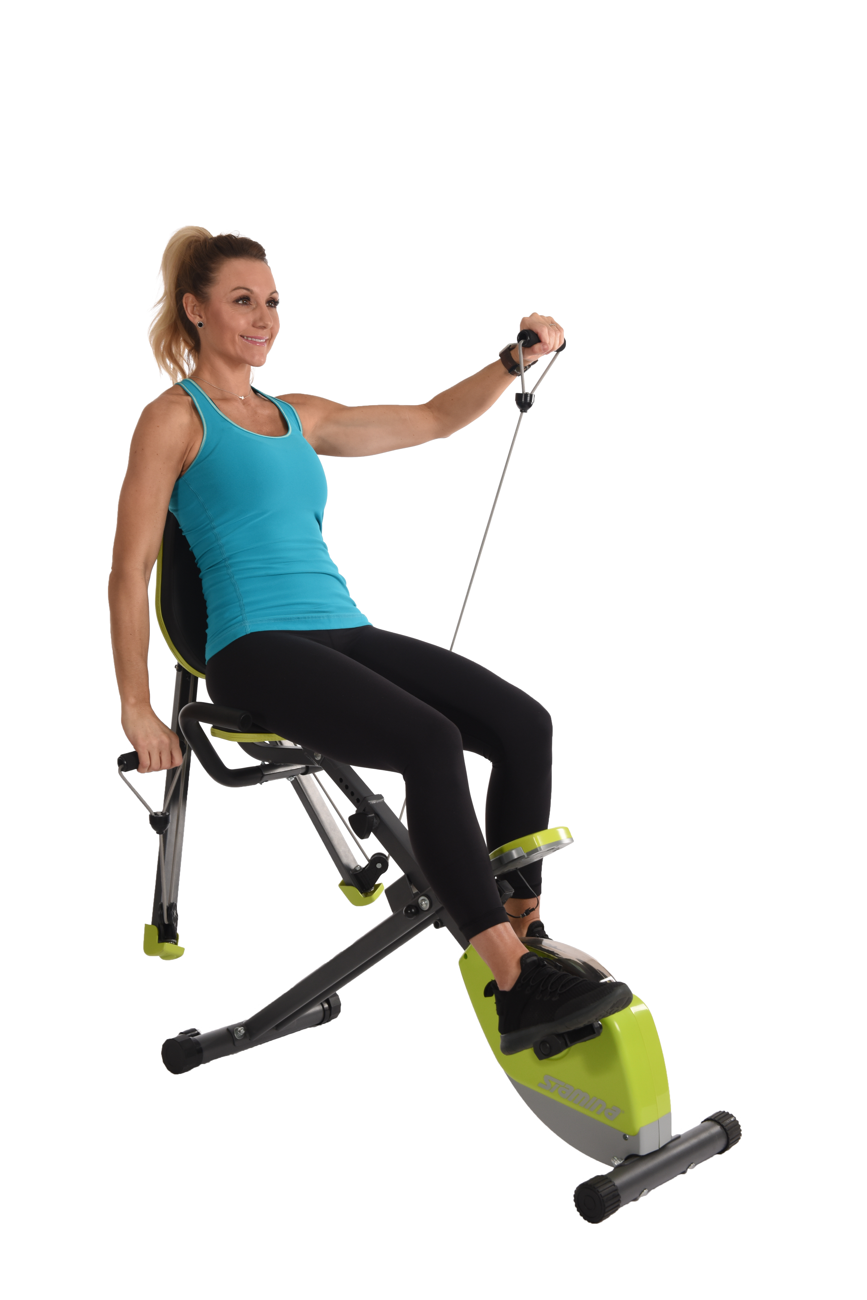 Performing seated forwad raises on Stamina Wonder Exercise Bike With Strength System.