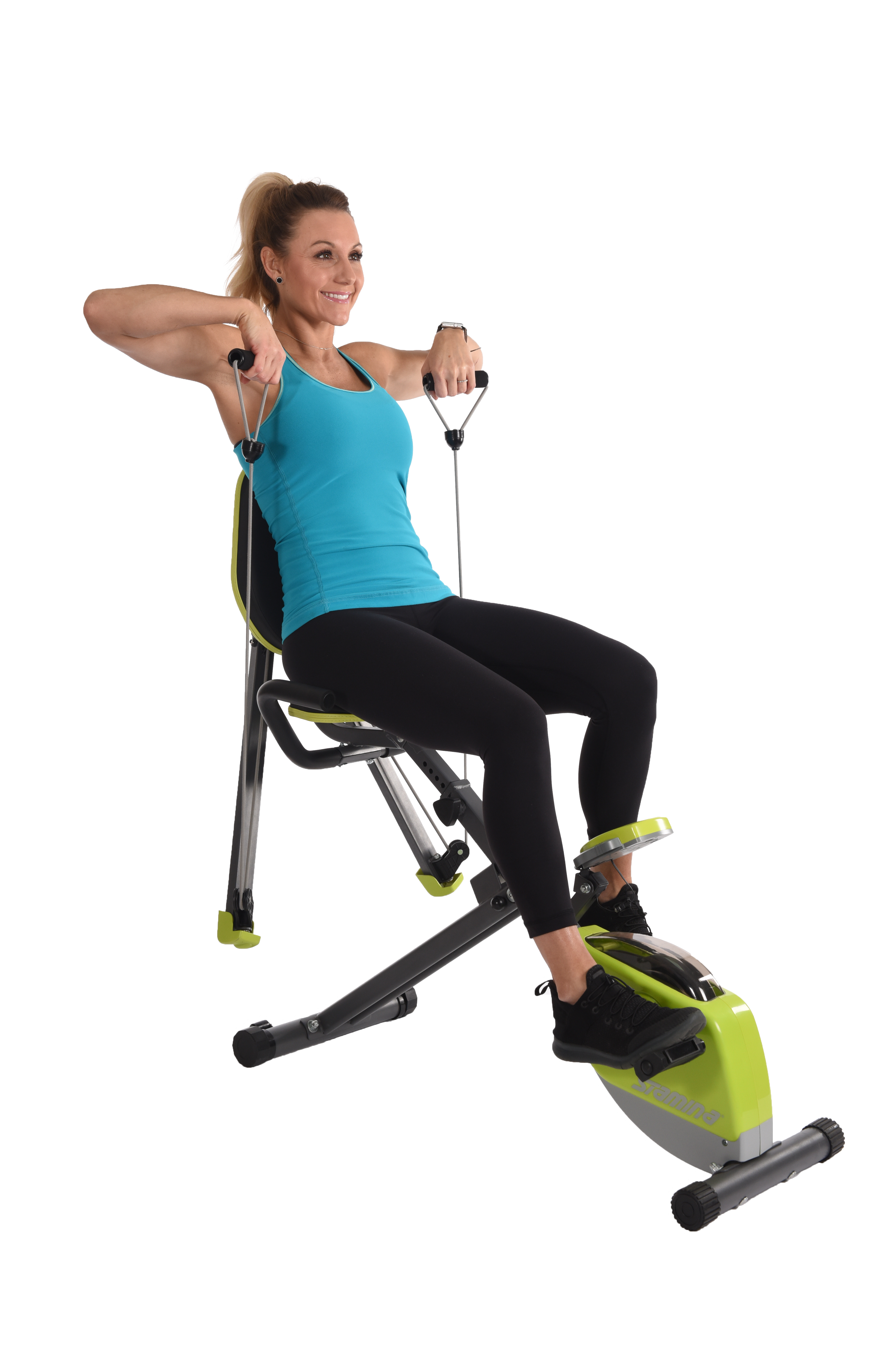 Performing high pulls on Stamina Wonder Exercise Bike With Strength System.