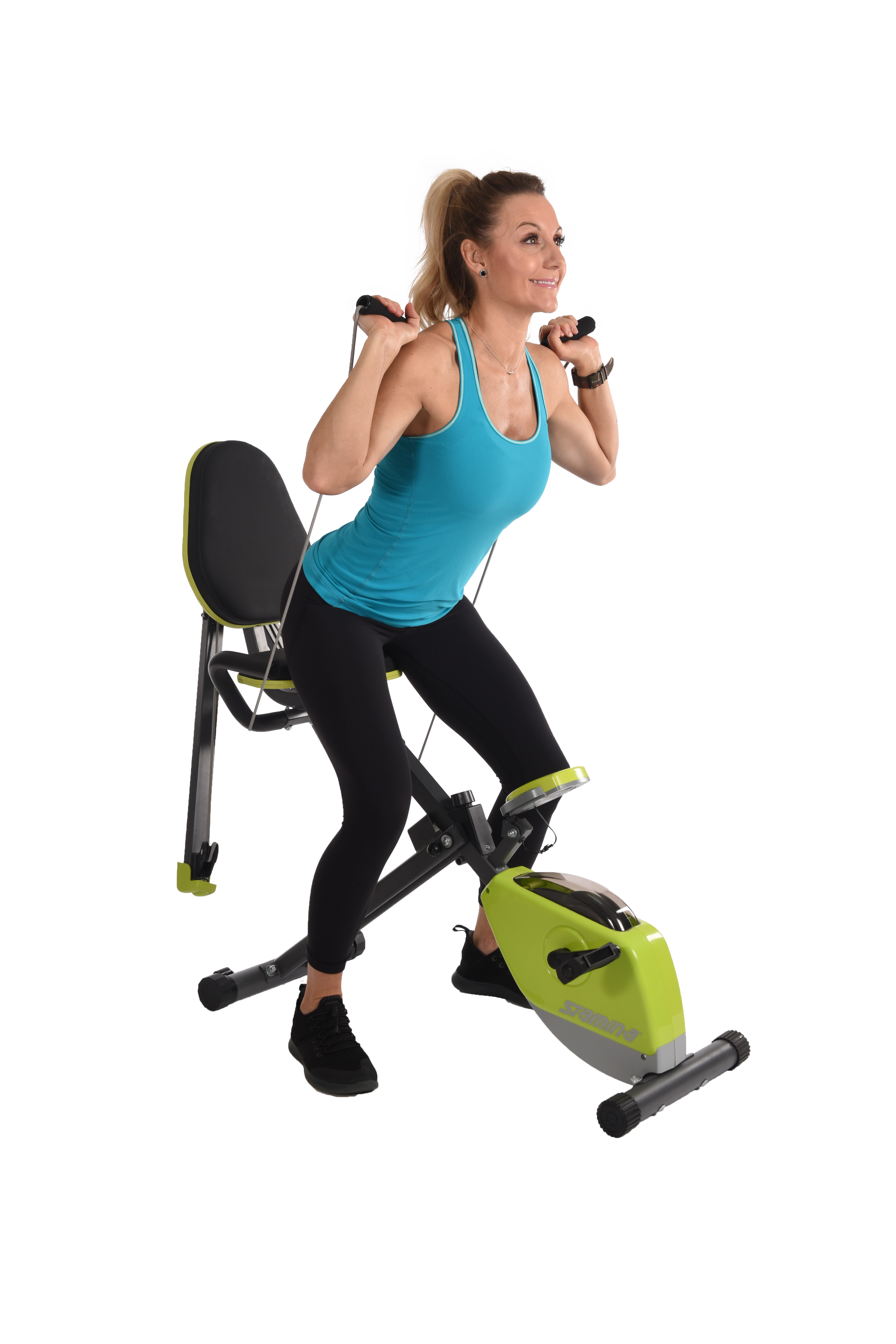 Performing squats holding handles on Stamina Wonder Exercise Bike With Strength System.
