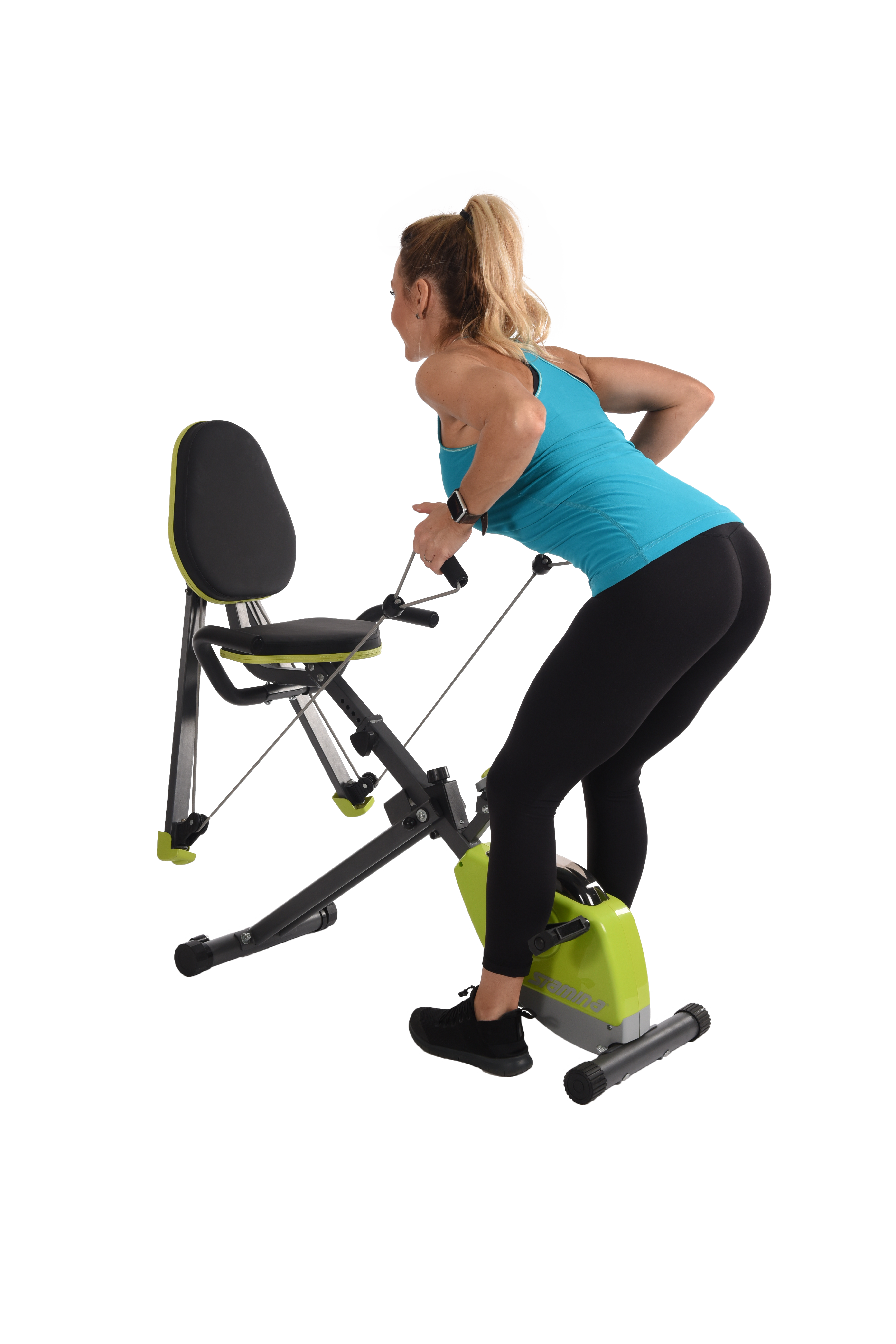 Performing bent over rows on Stamina Wonder Exercise Bike With Strength System.