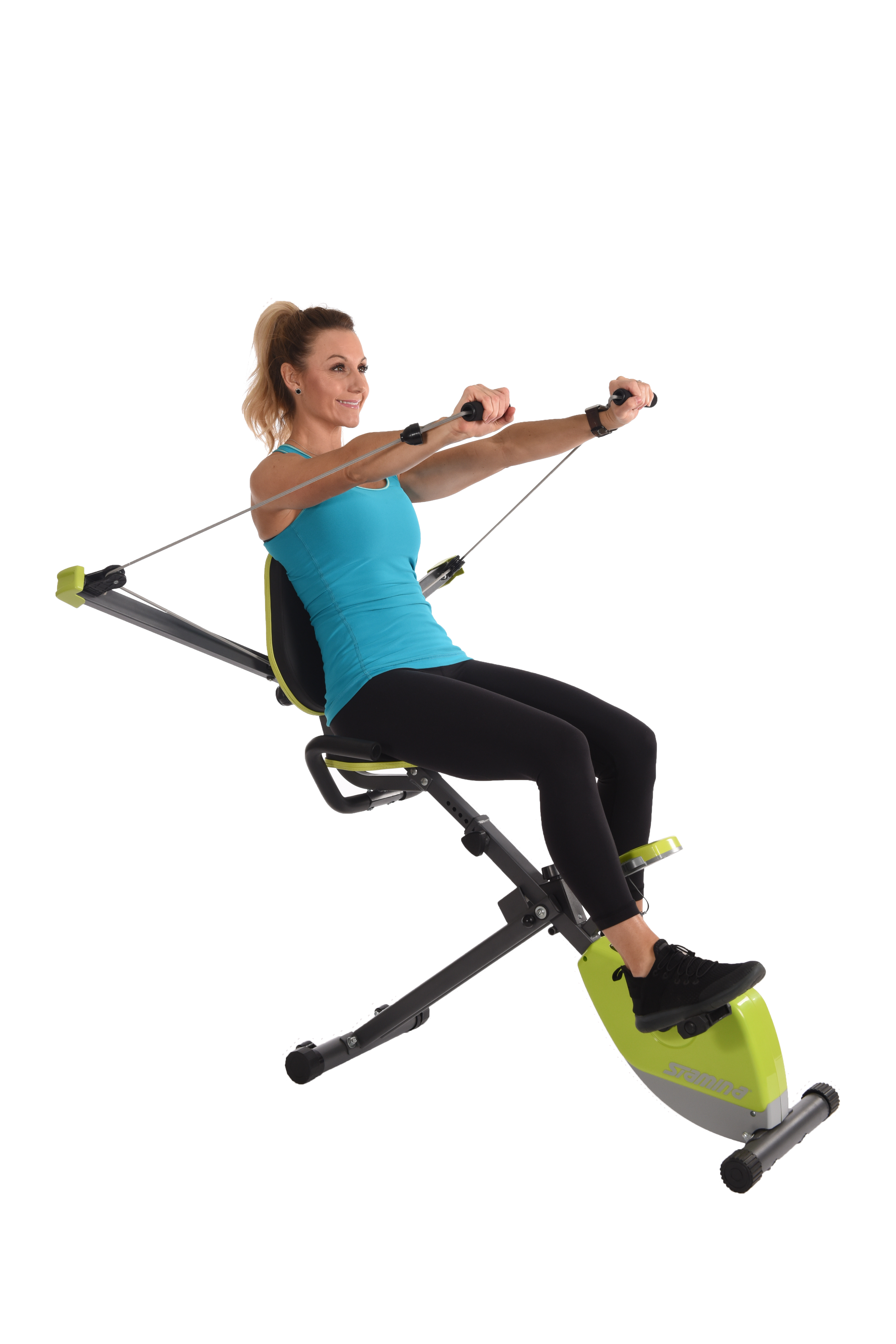 Performing chest press on Stamina Wonder Exercise Bike With Strength System.