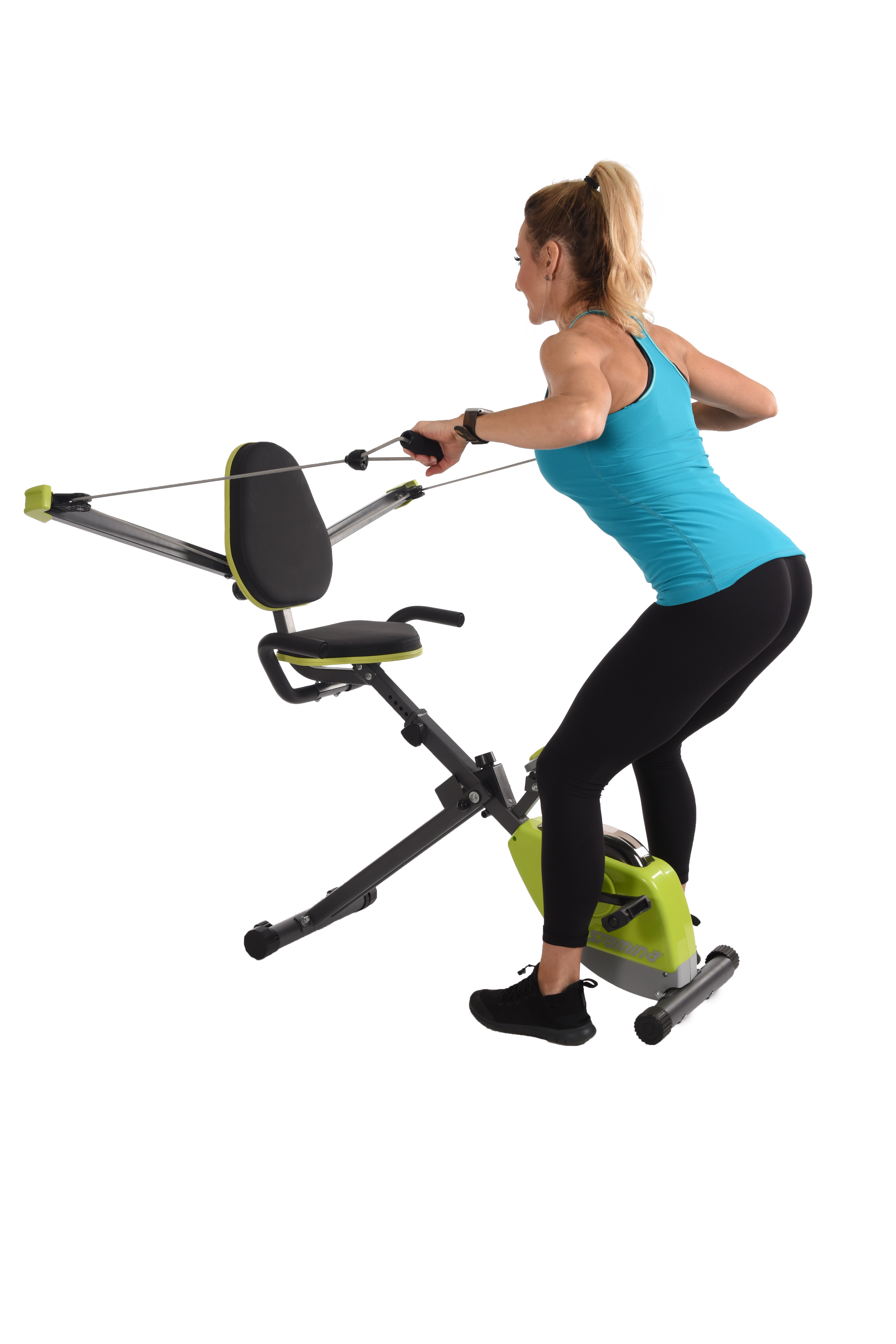 Performing standing rows on Stamina Wonder Exercise Bike With Strength System.