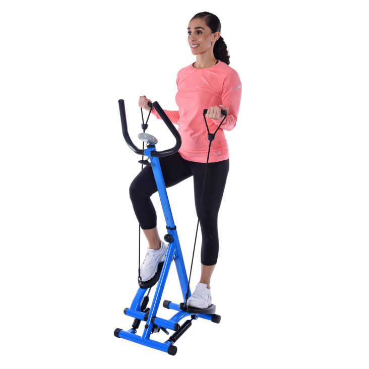 Woman stepping on Stamina Stepper and Using the upper body cords.