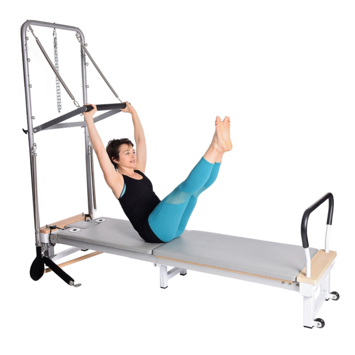 Woman performing exercise on push-through bar and bent her legs upward.