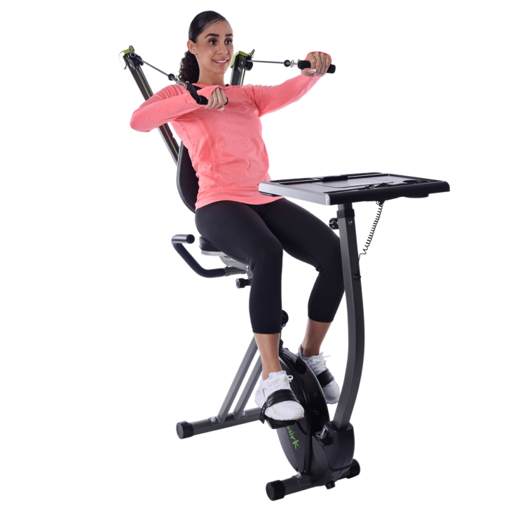 Woman cycling and performing strength exercise on Wirk Exercise Bike.