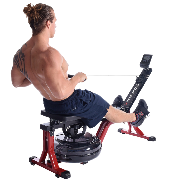 Man performing exercise on Stamina X Water Rower.