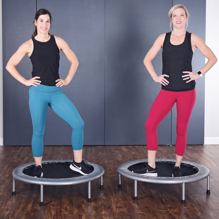 Two woman standing on each top of Stamina Fitness Trampoline.