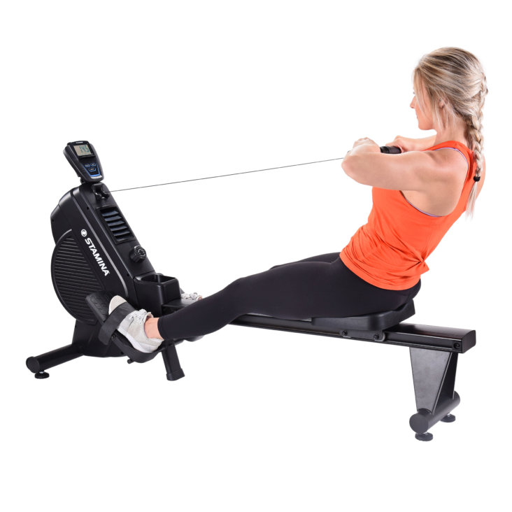 Women seated and pulling back on Stamina DT Rowing handle bar.